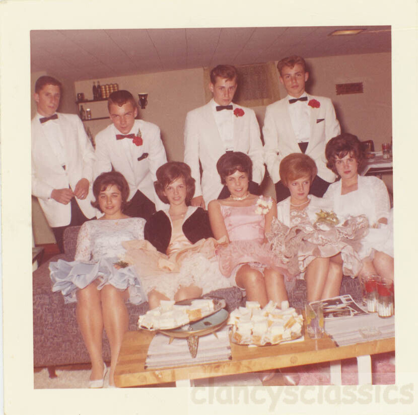 1962 SPring Formal Prom Slick Guys Bubble Hair Ruffle Girls Color Snapshot