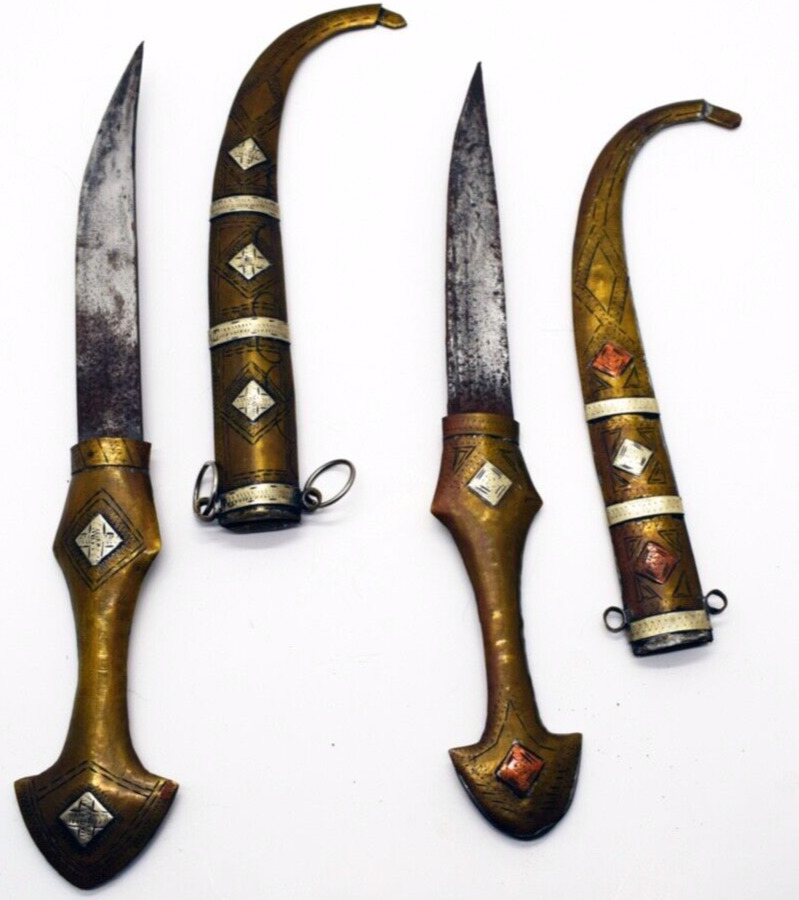 2- 19th Century Antique Brass & Silver Moroccan  Khoumya Berber Khanjar Daggers