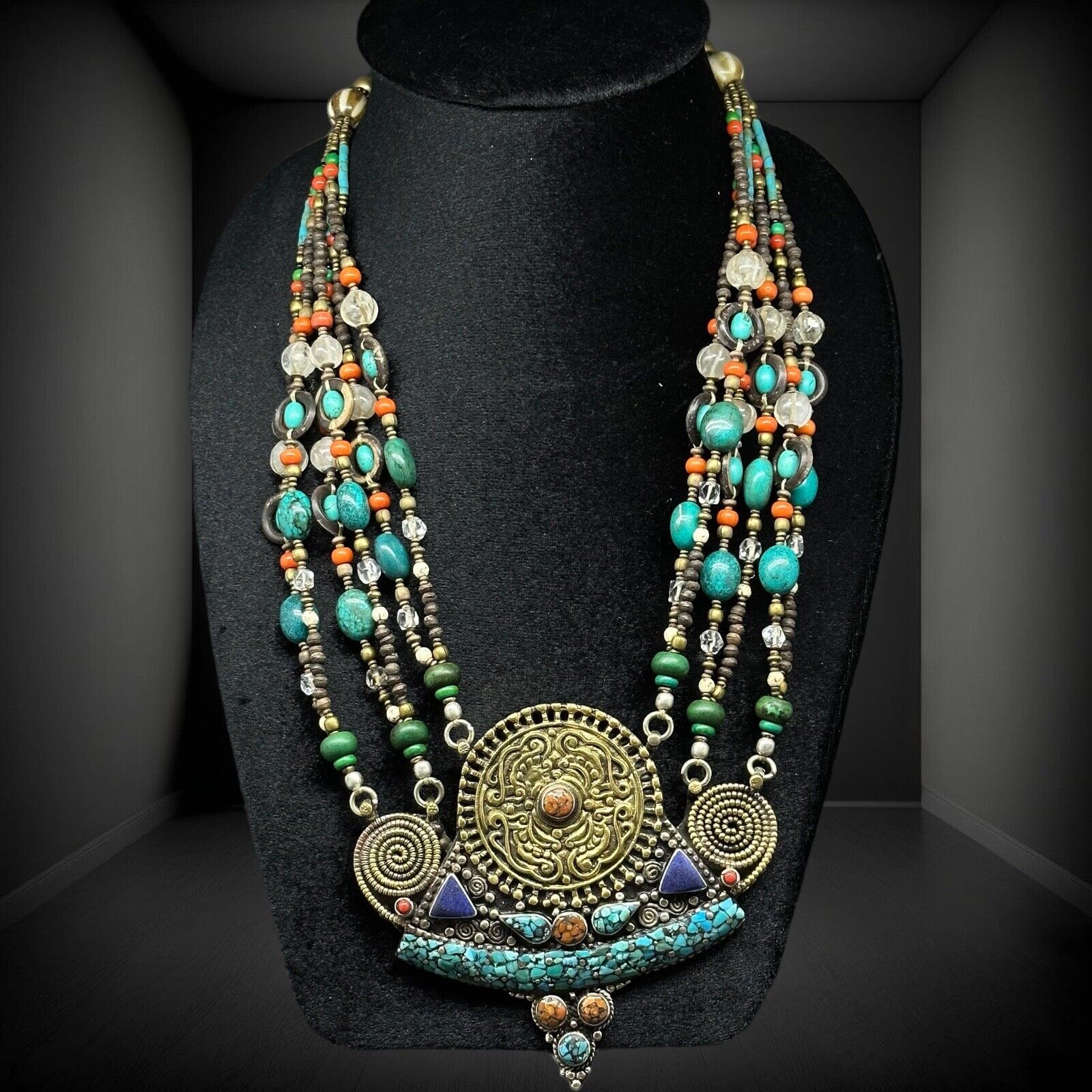 Nepali Stunning Vintage Unique Huge Pendant With Turquoise Brass Nice Necklace