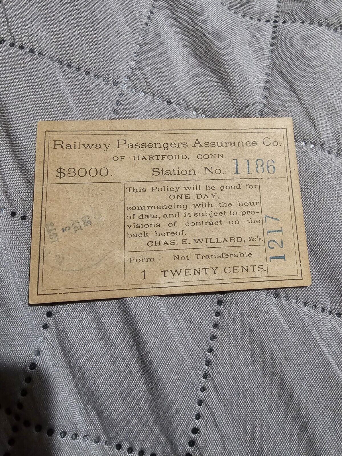 1873 Railway Passengers Assurance Co Of Harford CONN one Day Policy Card