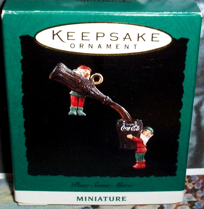 Pour Some More`1993`Miniature-Elf Pours Coca-Cola,Hallmark Tree Ornament-V-NICE