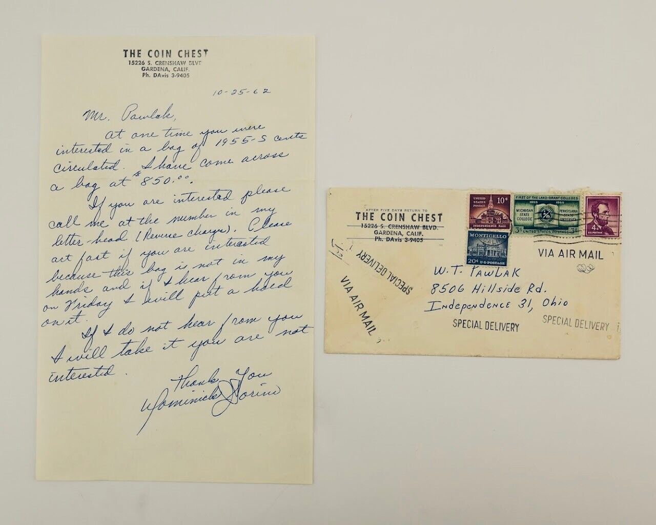 Vintage Handwritten Letter + Envelope, Coin Collecting Inquiry, Gardena CA 1962