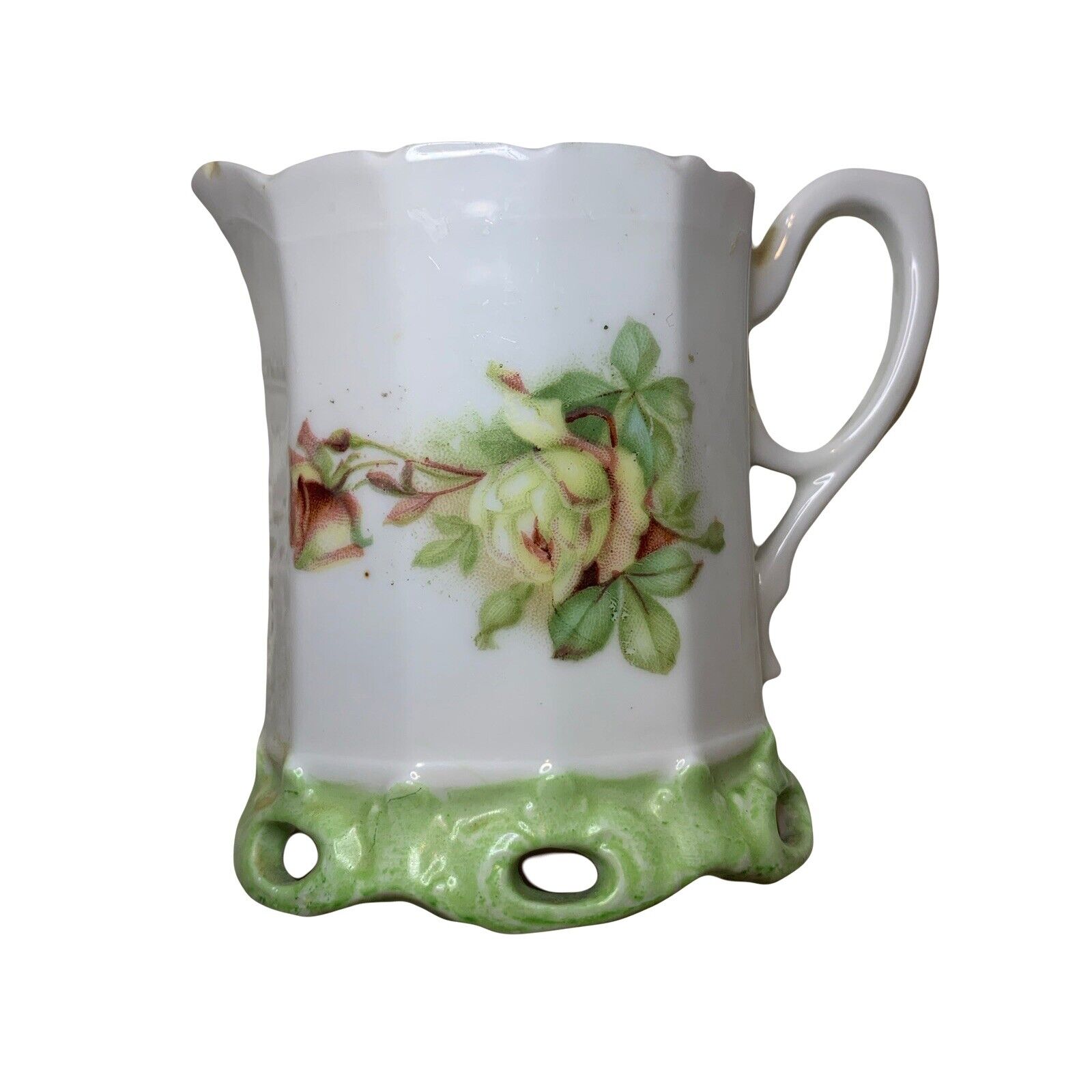 Antique German Porcelain Floral Creamer With Green Base Victorian Era