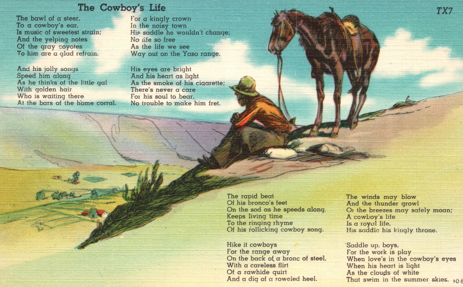 Vintage Postcard The Cowboy\'s Life Poem Resting On The Desert With His Horse