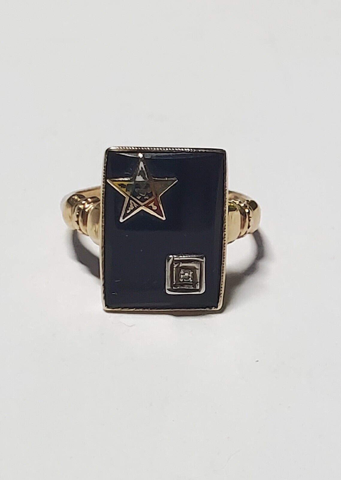 1963 10k Eastern Star Ring, Onyx, Enamel Diamond Vintage Estate Solid Y Gold