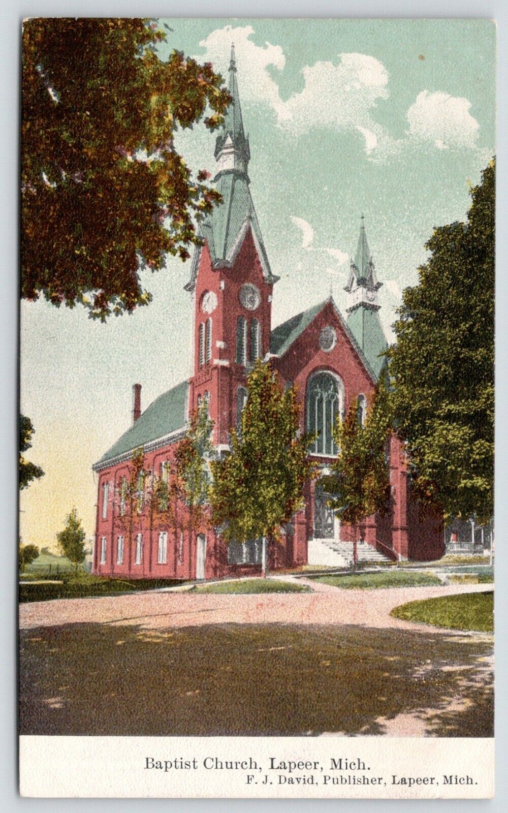 Lapeer Michigan~Baptist Church~View from Across Street~Tall Steeple~c1910