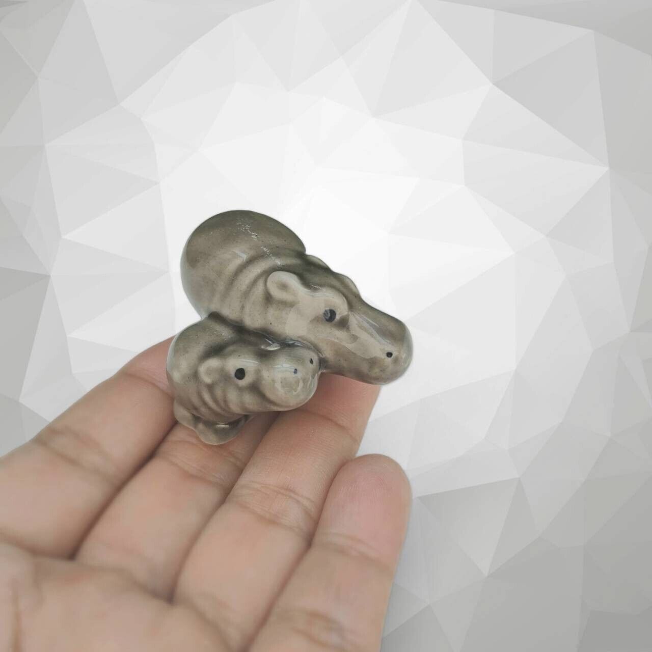 Mother Hippo Babies Miniature Ceramic Hippopotamus Figurine Hand-Painted