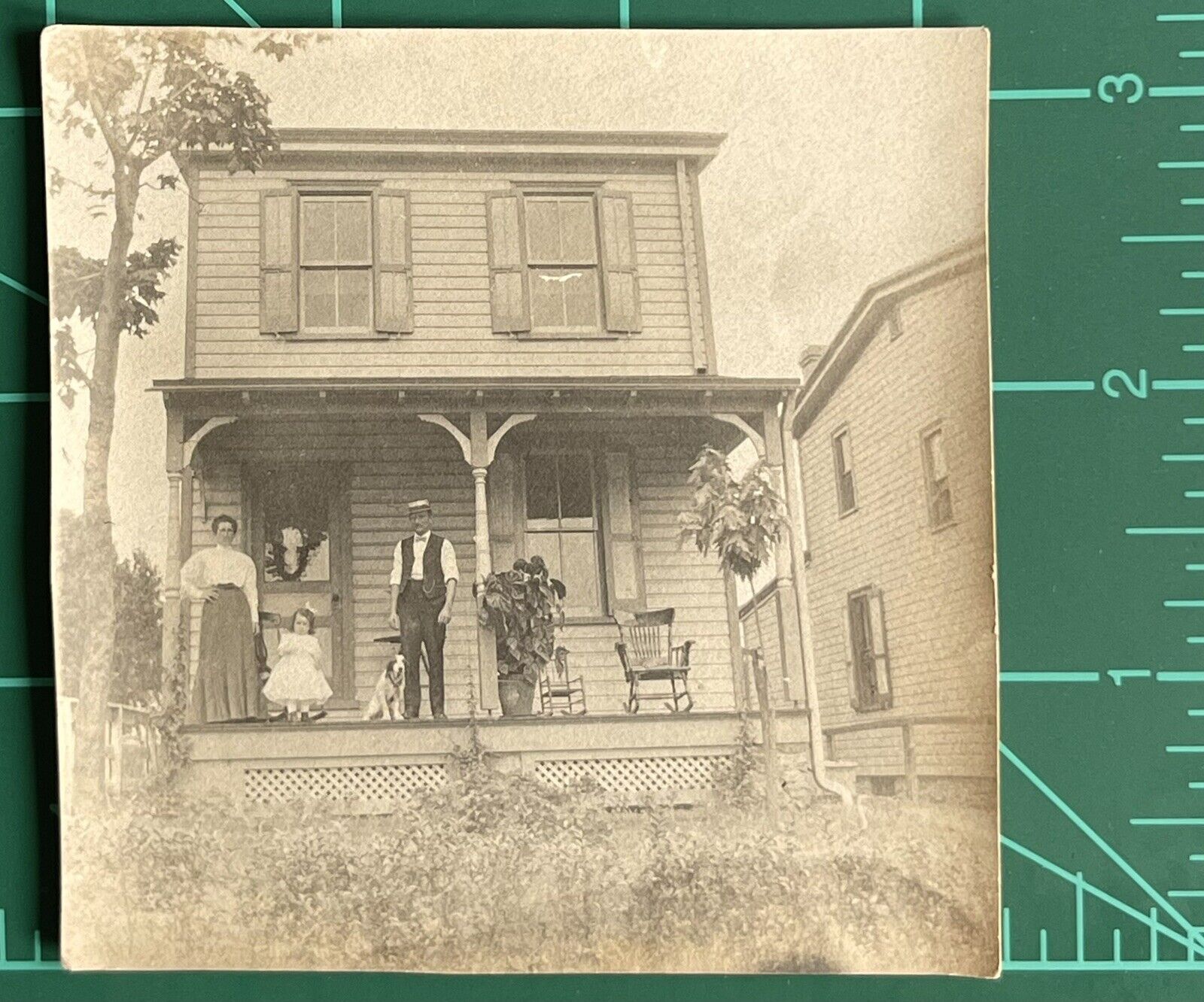 Vintage Photo Black White Sepia Snapshot Big Old House Family