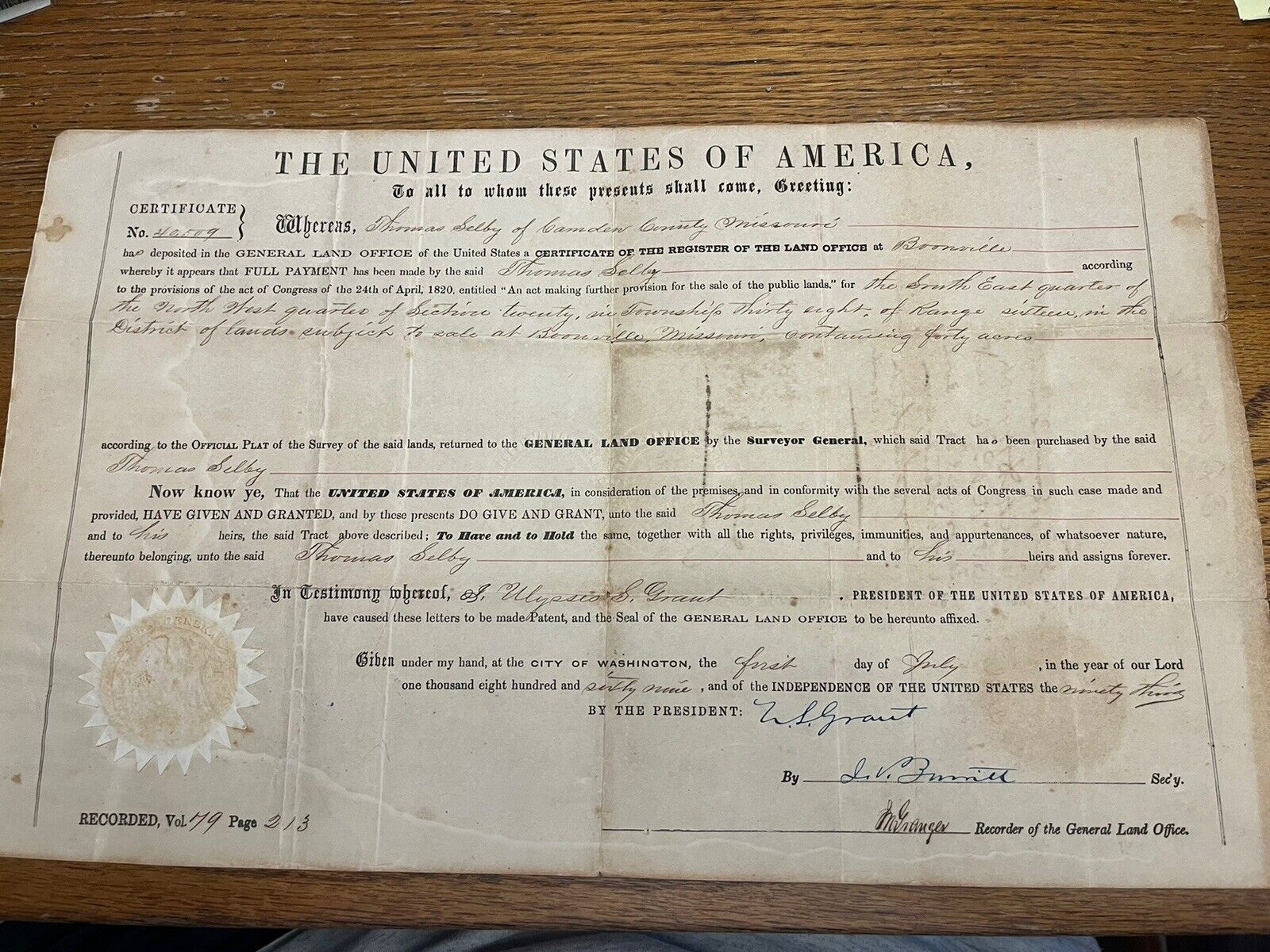 Antique 1869 Secretary-Signed Ulysses S Grant Land Grant Missouri