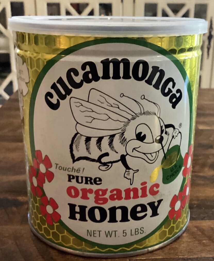 Vintage Cucamonga Pure Organic Honey 5 Pound Metal Sealed Can Cool Graphics