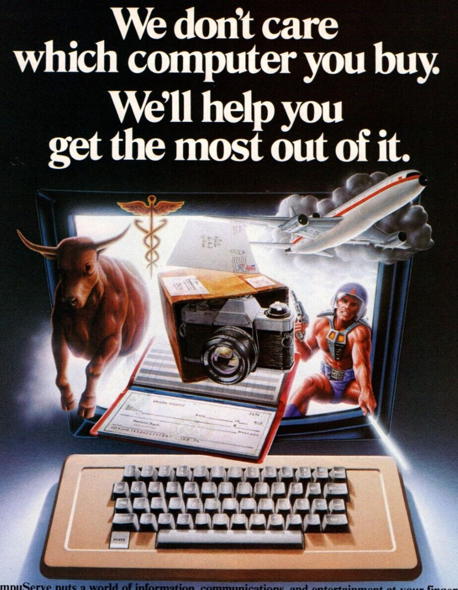 1980s COMPUSERVE ONLINE SERVICE PRINT AD, COMPUTER E-MAIL, \