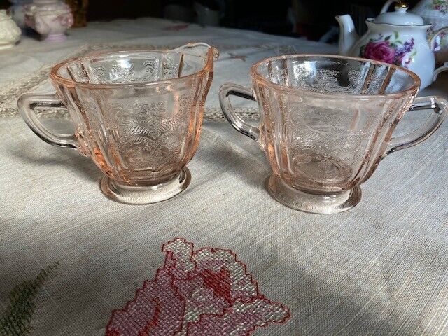 Vintage Indiana Glass Co Pink Depression Glass Madrid Pattern Cream & Sugar Set