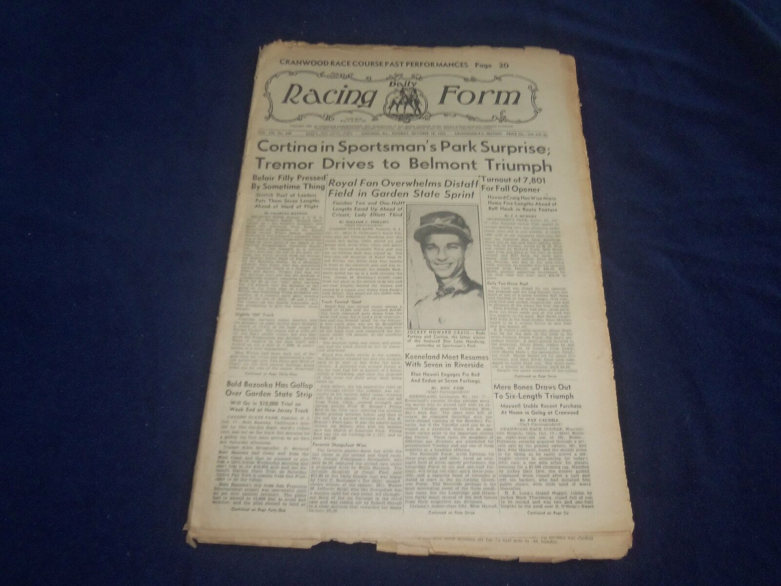 1955 OCT 18 THE DAILY RACING FORM - CORTINA SPORTSMAN\'S PARK SURPRISE - NP 5490