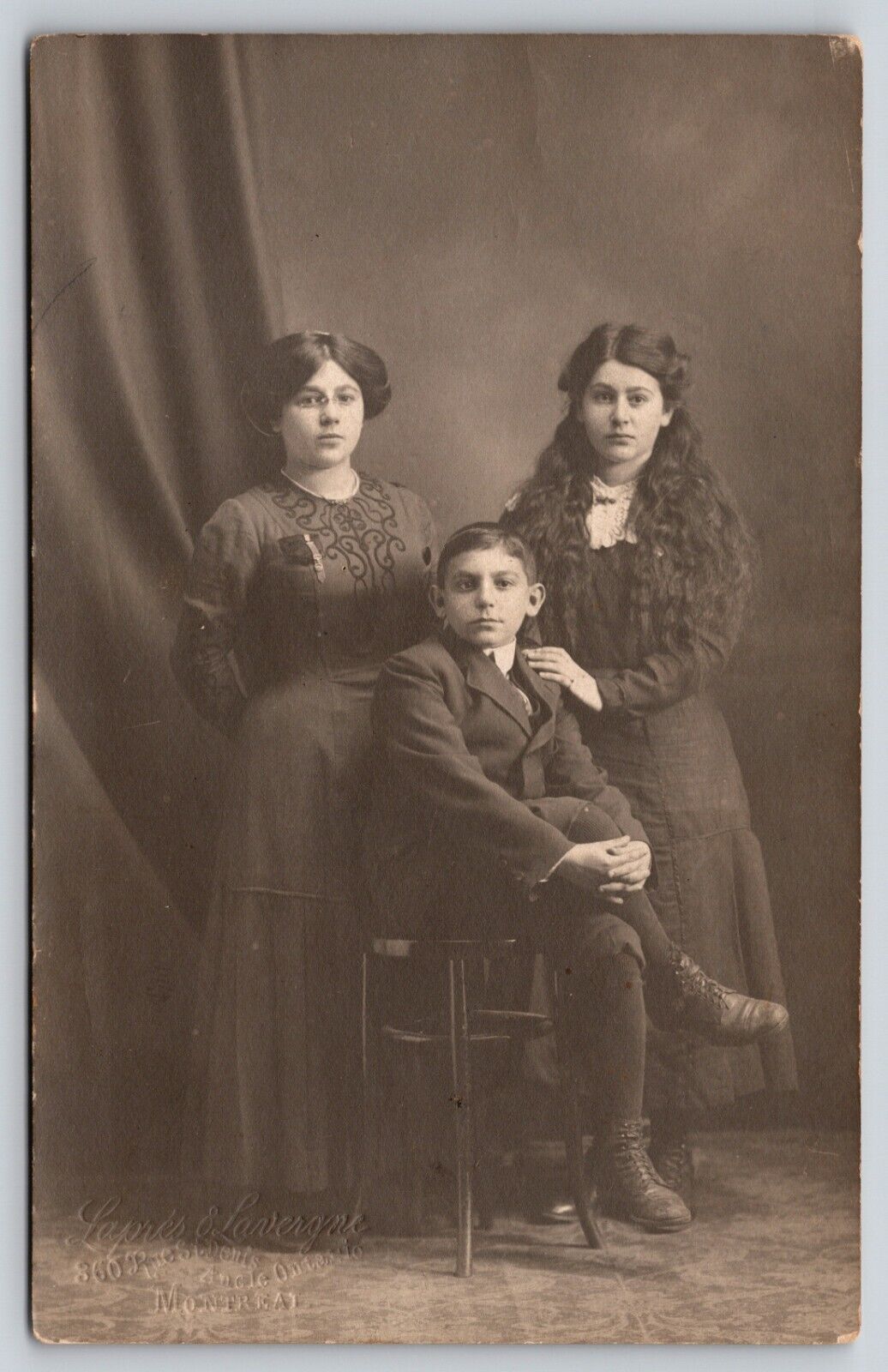 Postcard RPPC Siblings Sisters and Younger Brother Real Photo Long Curly Hair