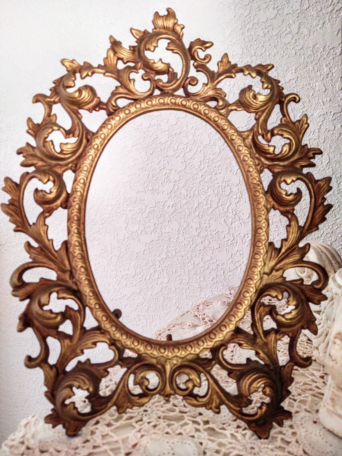 Vintage Wilton Ornate Gold Cast Iron Mirror Photo Frame Rococo Vanity Easel 