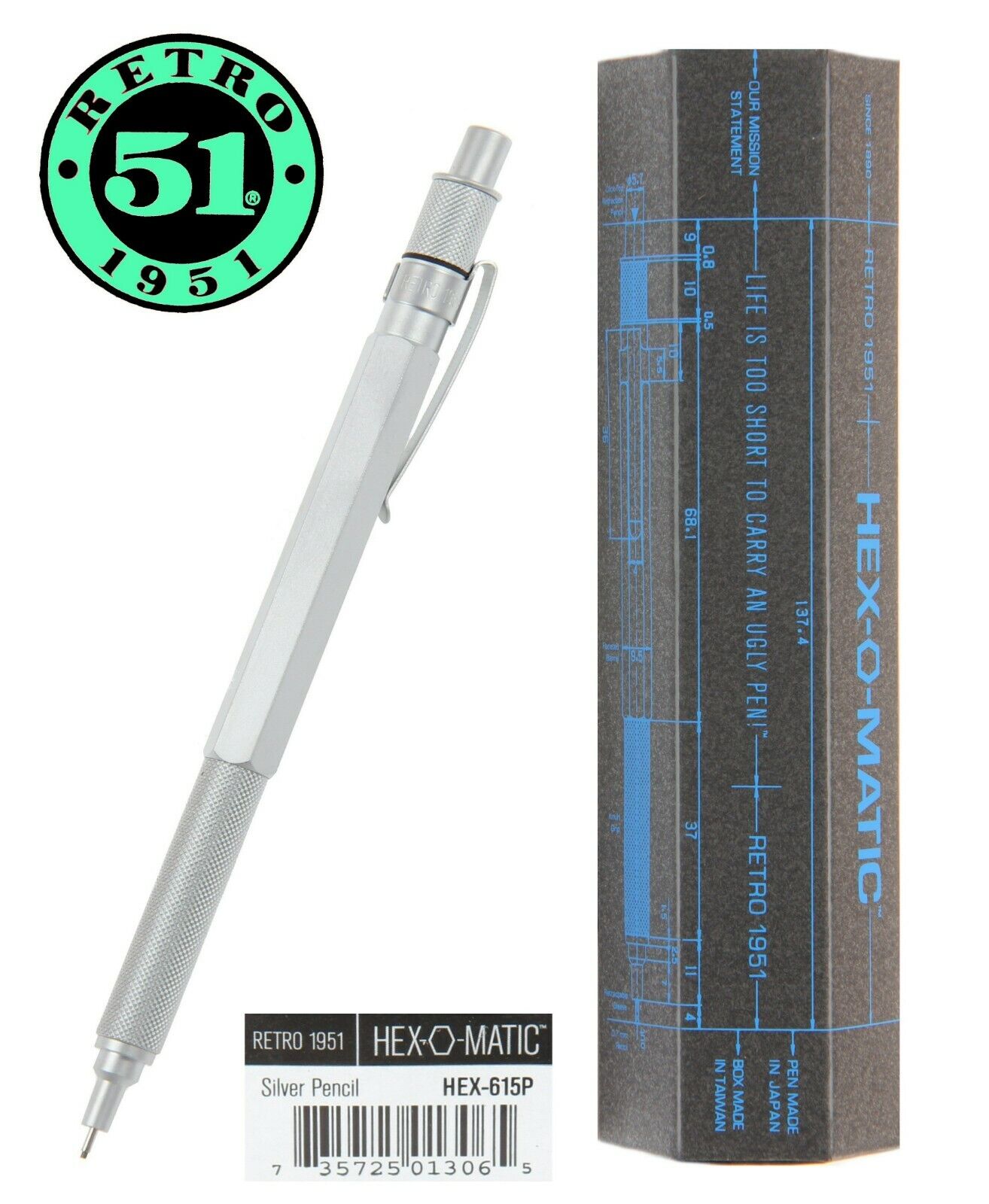 Retro 51 / Hex-o-matic Series Silver 7mm Lead Pencil #HEX-615P
