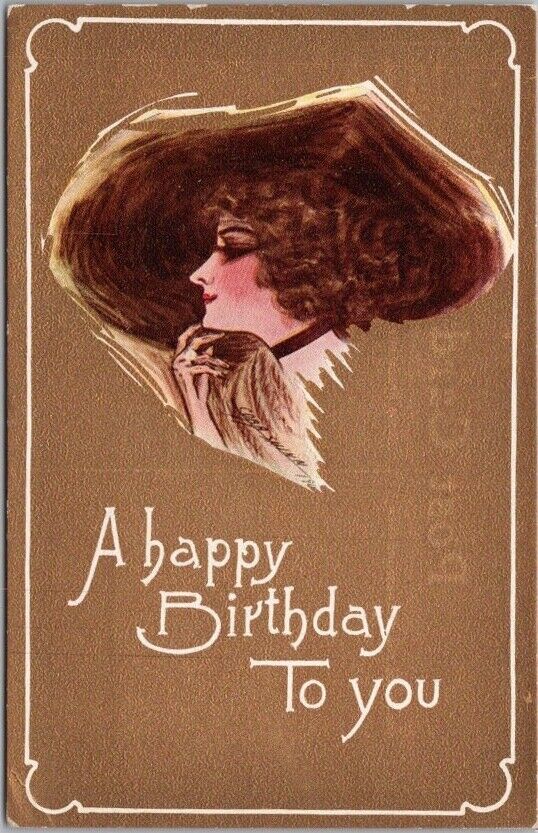 1910s Artist-Signed COBB SHINN Postcard HAPPY BIRTHDAY Pretty Lady / Gold UNUSED