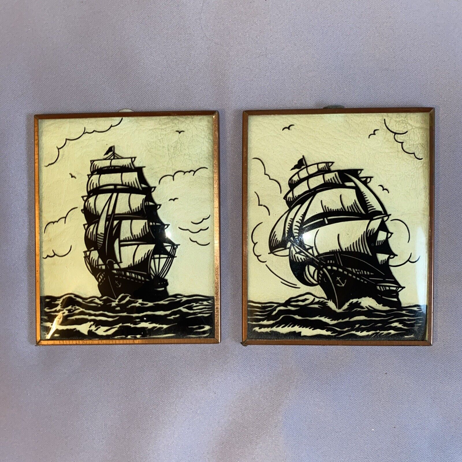 Vintage Pair Of Convex Silhouette Bubble Glass Paintings - SHIPS AT SEA