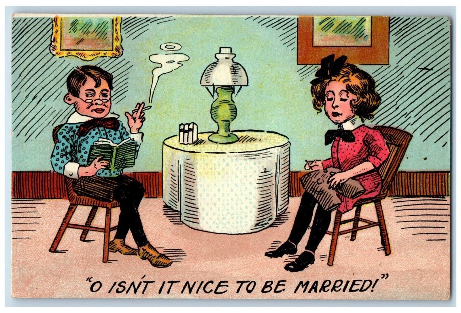 c1910\'s Its Nice To Be Married Girl Boy Smoking Cigarette Stitching Postcard