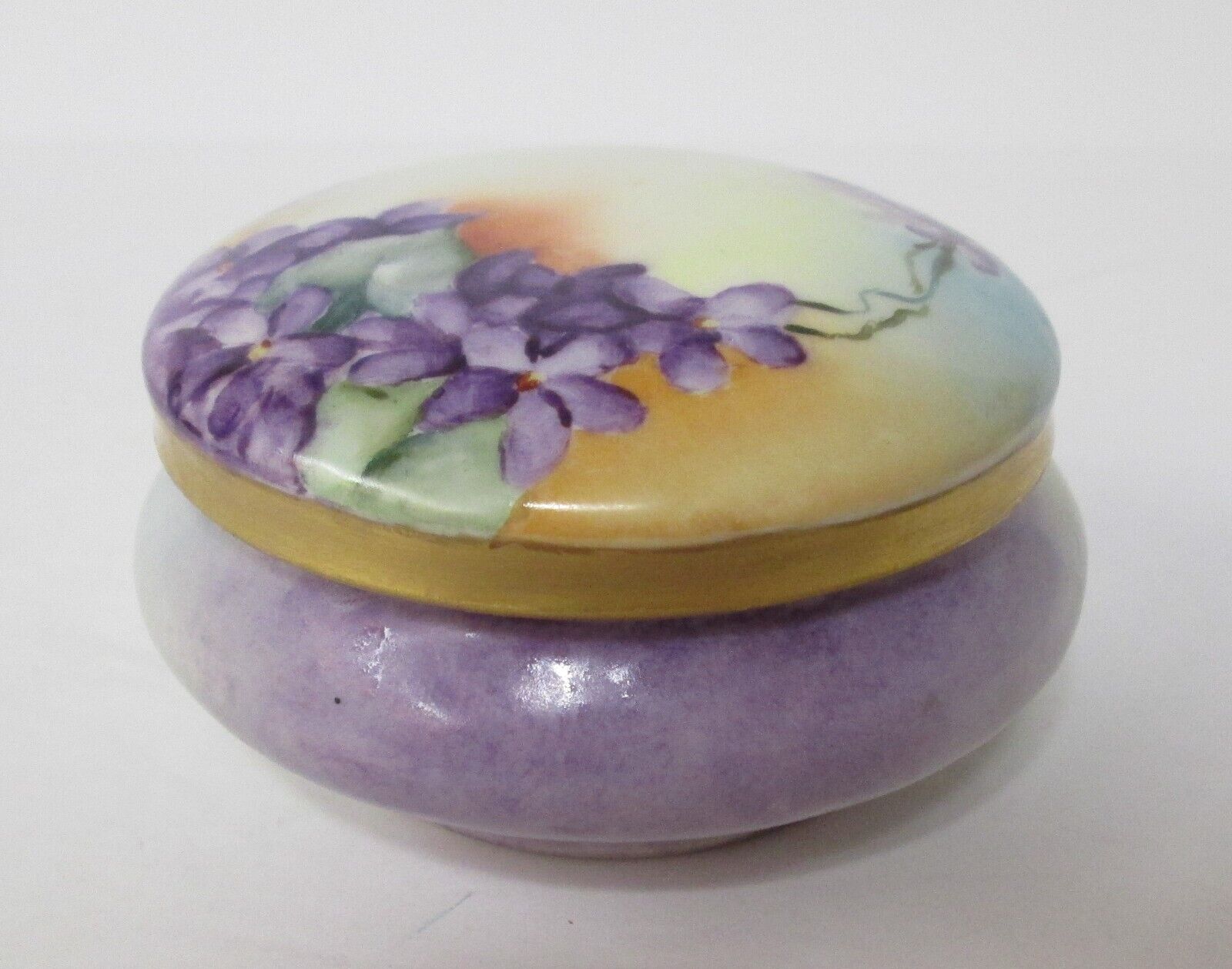 elegant older hand painted porcelain powder box jar - delicate Violets