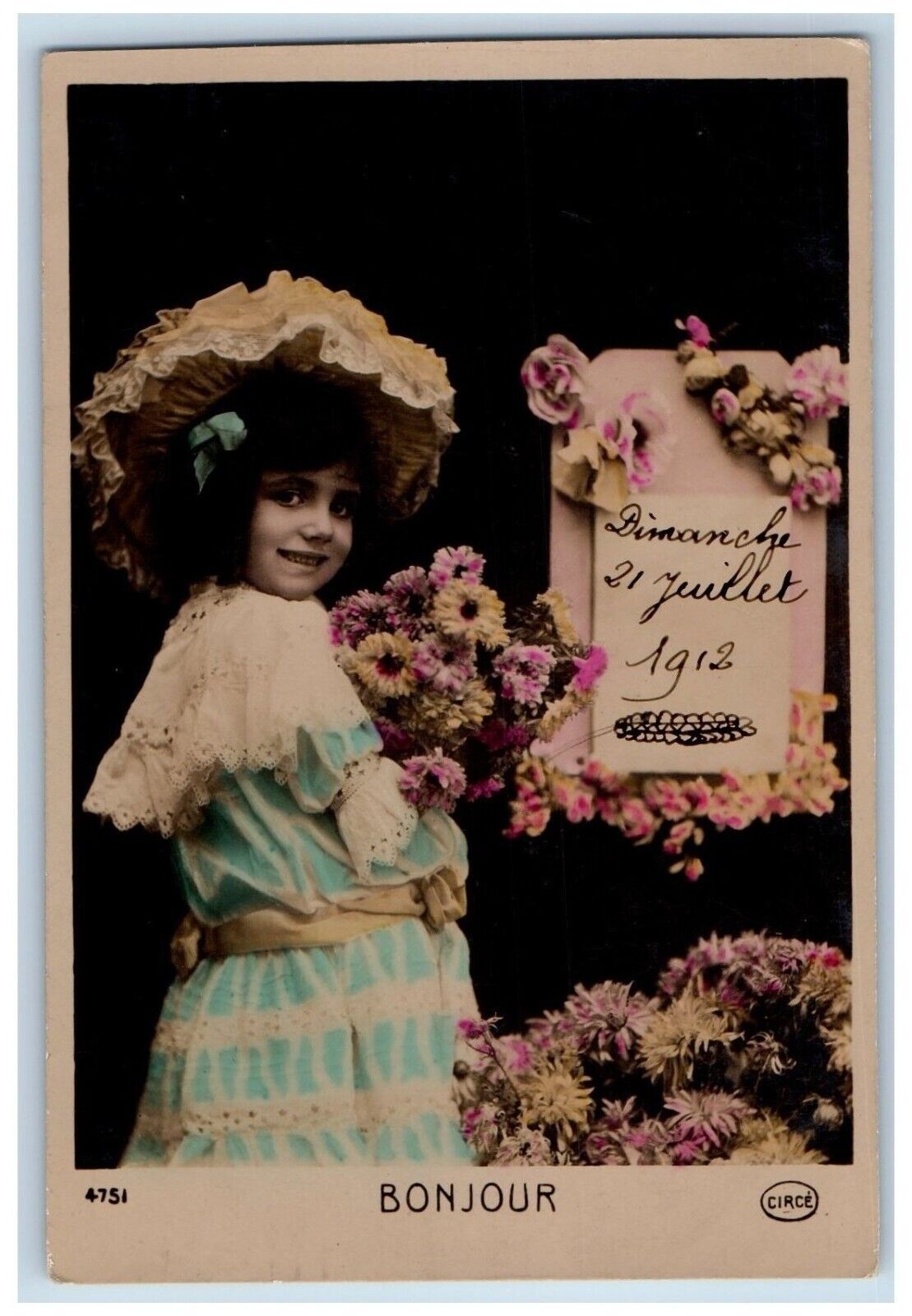 France Postcard RPPC Photo Bonjour Pretty Little Girl With Flowers c1910's
