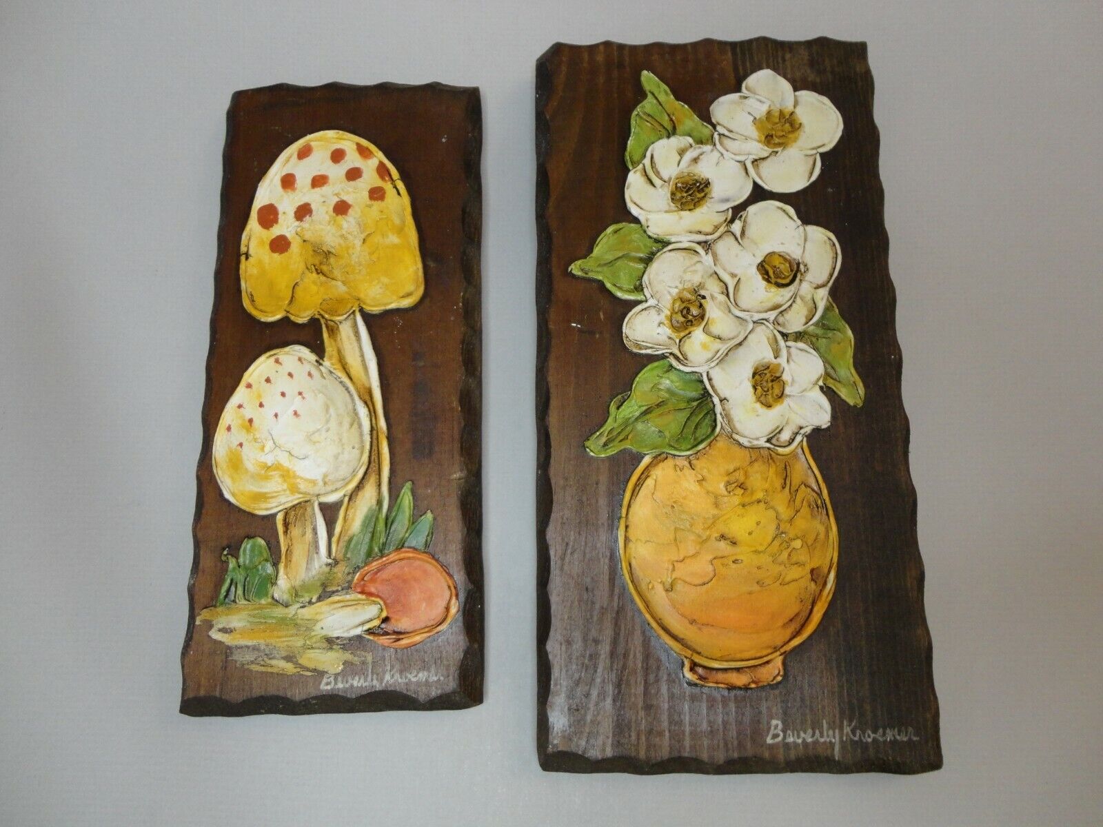 Pair Vitg Hand Painted Wall Hanging Wooden Plaques Flowers & Mushrooms Signed