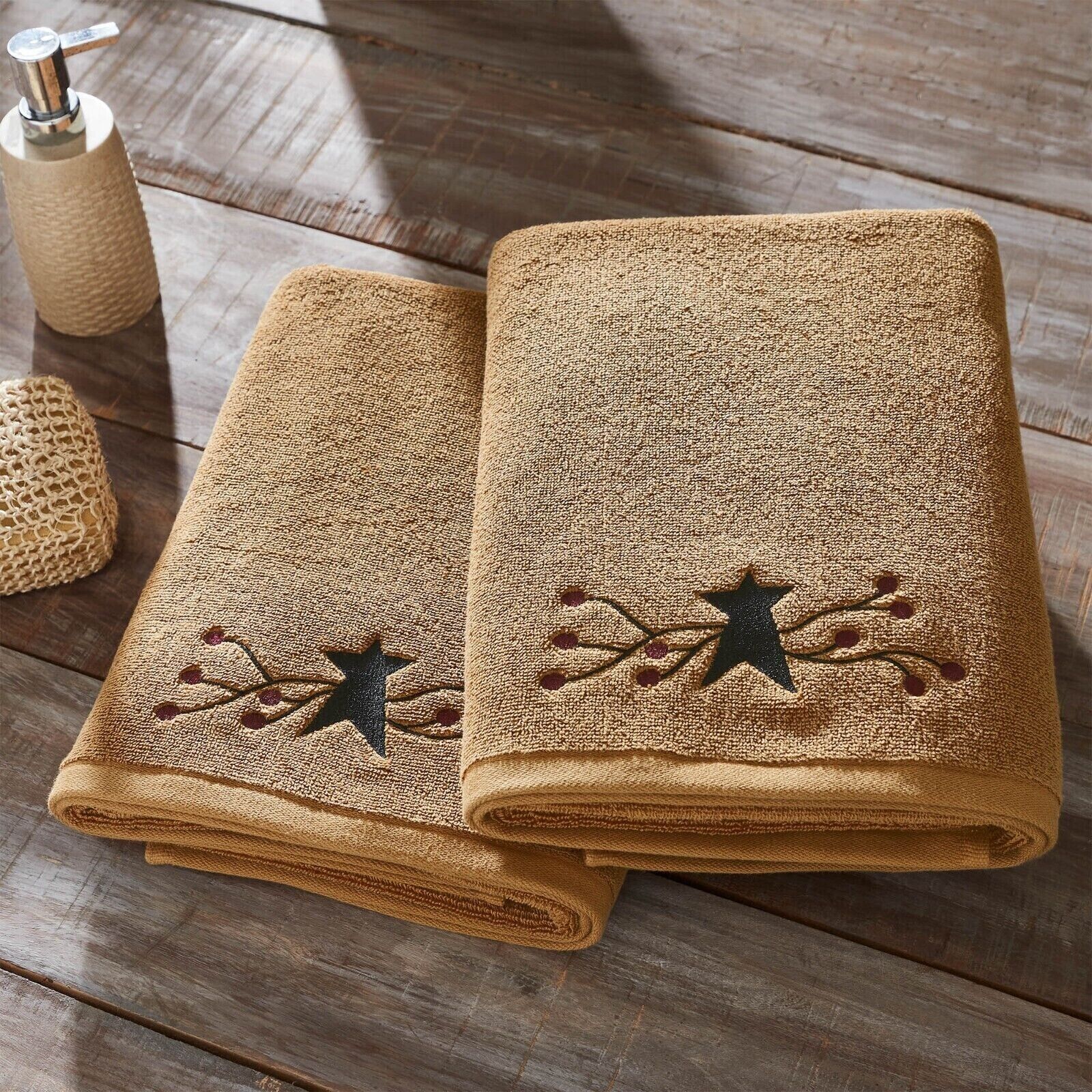 2 Country Primitive Farmhouse Pip Berry Vine Star Cotton Bath Towels 27x54 Towel