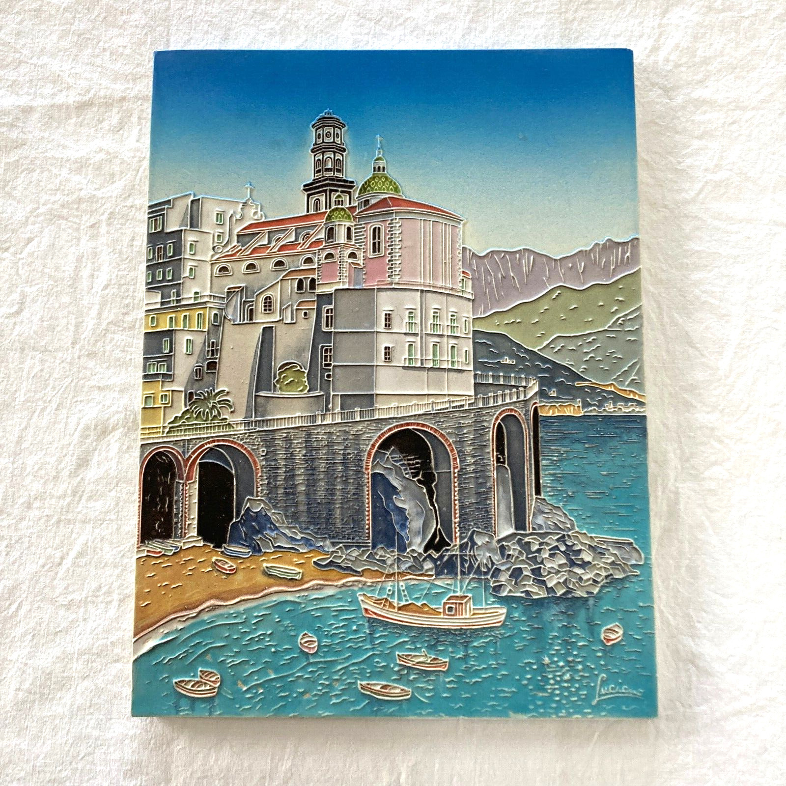 Luciano Cloisonne Wall Hanging Plaque Heavy Italy Cinque Terre 15.5x11.5 Italian