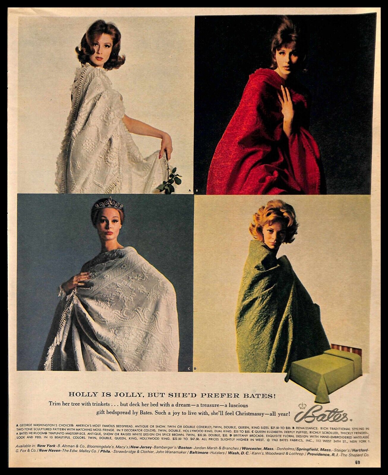 1963 Bates Bedspread Vintage PRINT AD Holly Jolly Christmas Bedding Decor