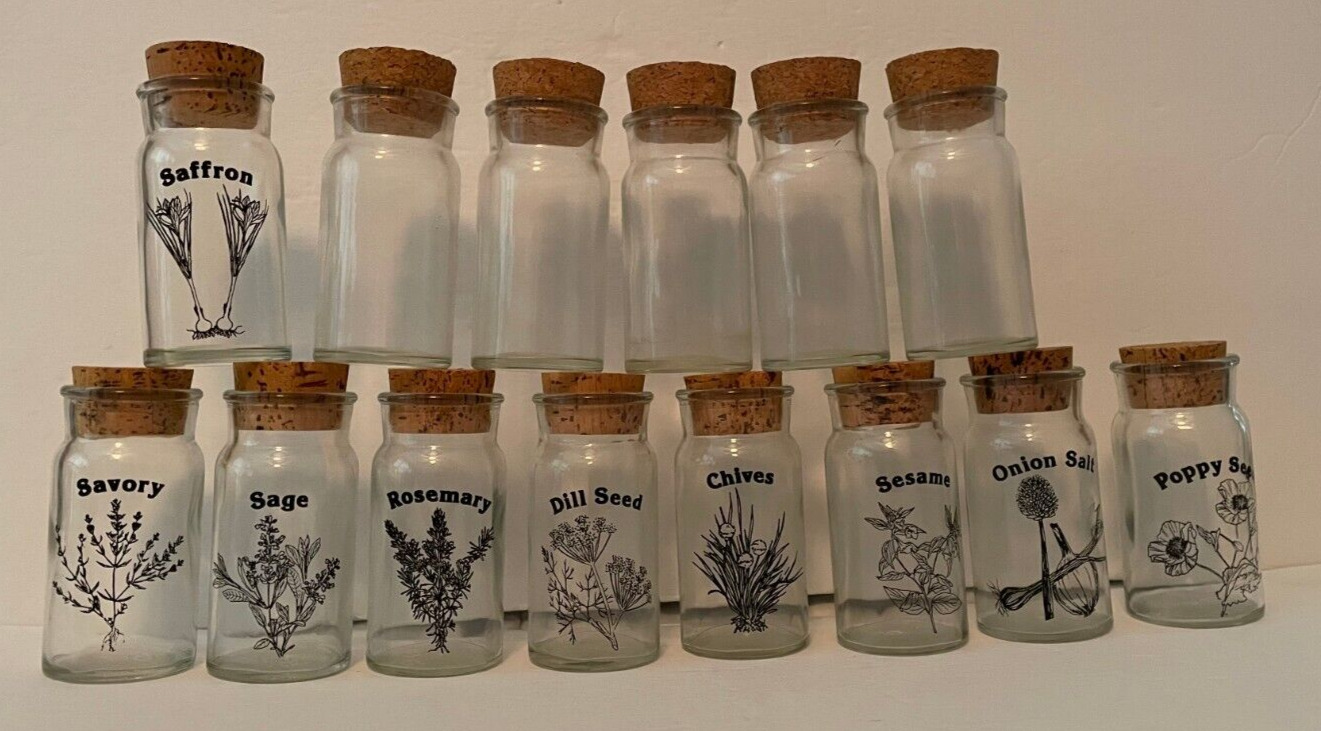 Set of 14 Vintage Wheaton Botanical Art Spice Jars (5 no label) cork stoppers