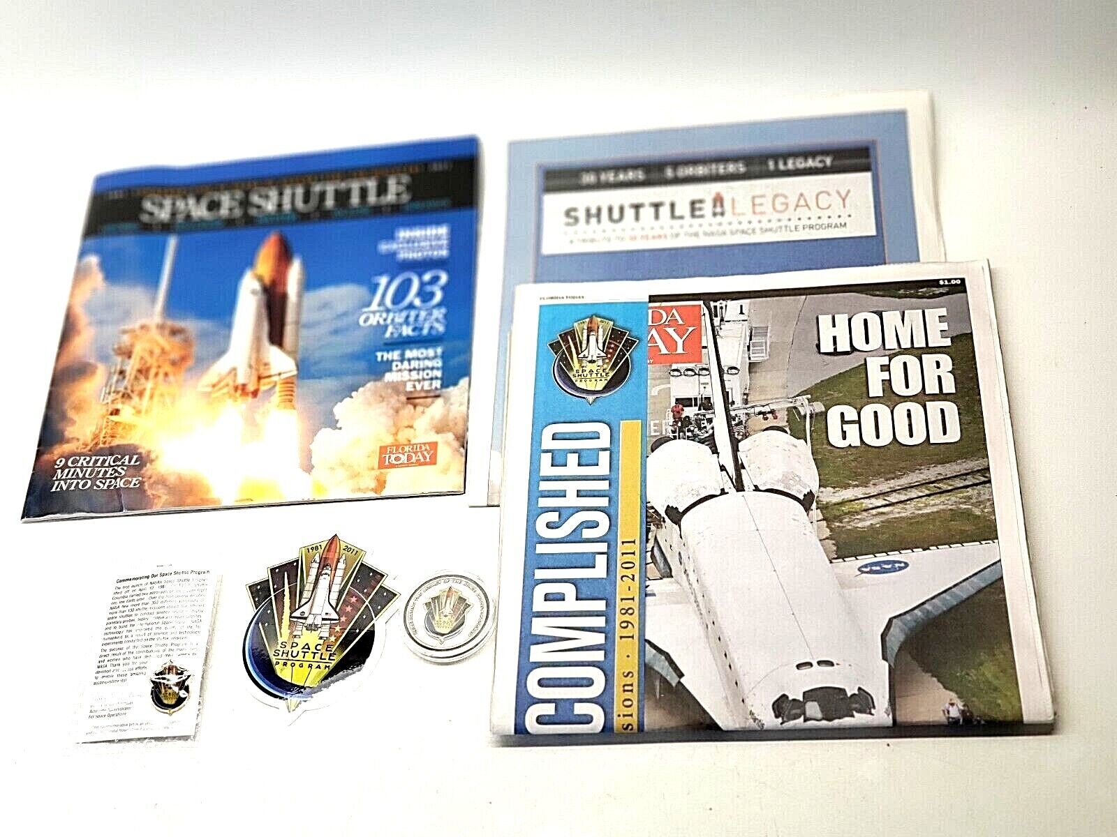 NASA End of Space Shuttle Program Memorabilia Coin Pin Sticker Newspapers