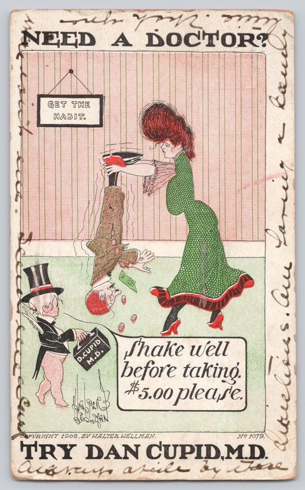 Postcard Comic Humor Need a doctor? Dan Cupid MD c 1908?