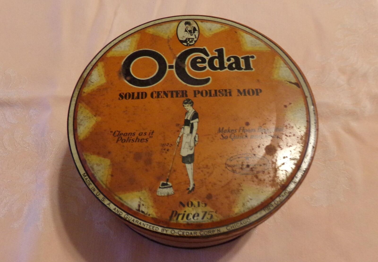 Vintage O-Cedar Solid Center Polish Mop No. 15 Tin Metal Round 75 Cent 1929