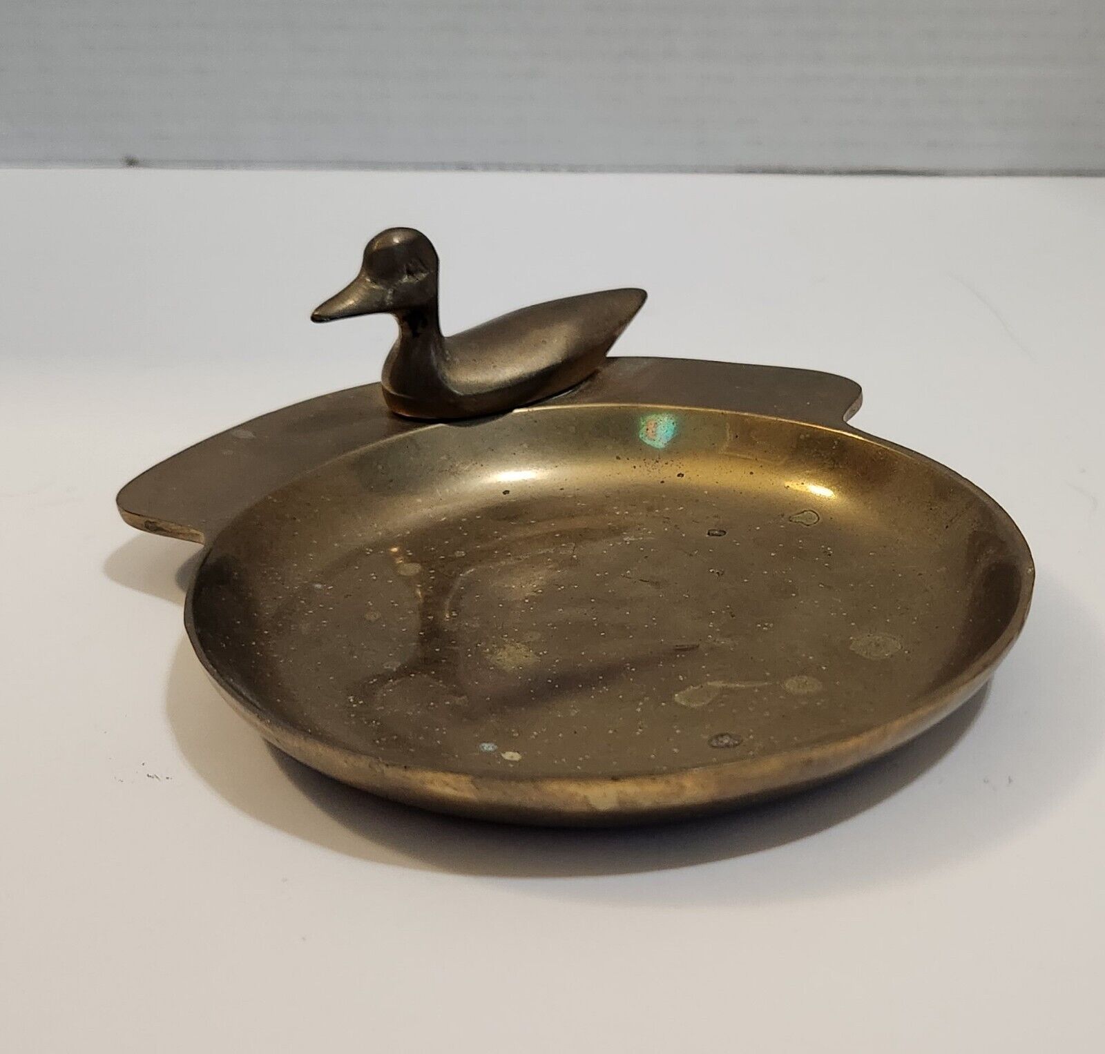 Vintage Small Brass Change Trinket Tray dish With Brass Duck Custom Decor 1980