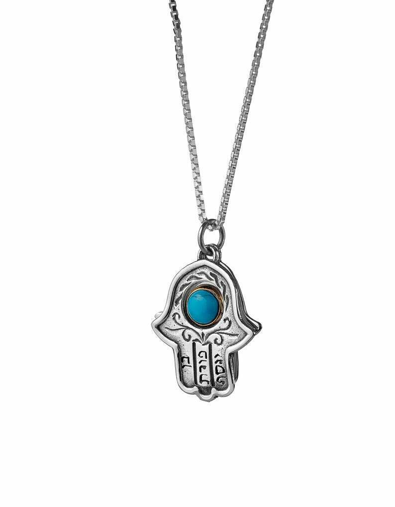 Kabbalah Hamsa Pendant with Turquoise / Garnet or Opal in 14K Gold and Silver 