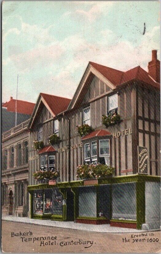 Vintage 1910 CANTERBURY, England Postcard BAKER'S TEMPERANCE HOTEL Street View