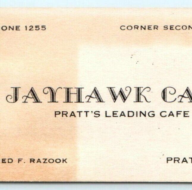 1950s Pratt, Kansas Corner 2nd & Main Jayhawk Cafe Business Card Fred Razook C2