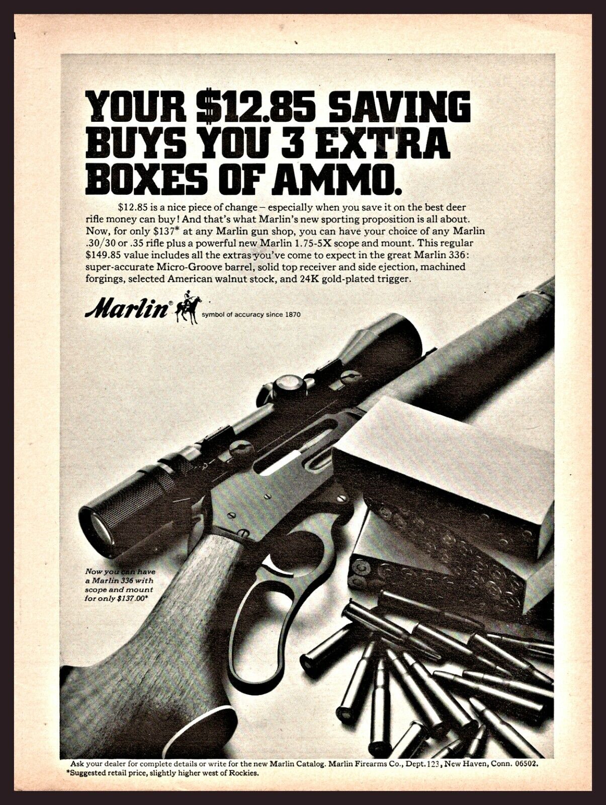 1969 MARLIN 336 Lever Action Rifle shown w/scope PRINT AD Old Gun Advertising