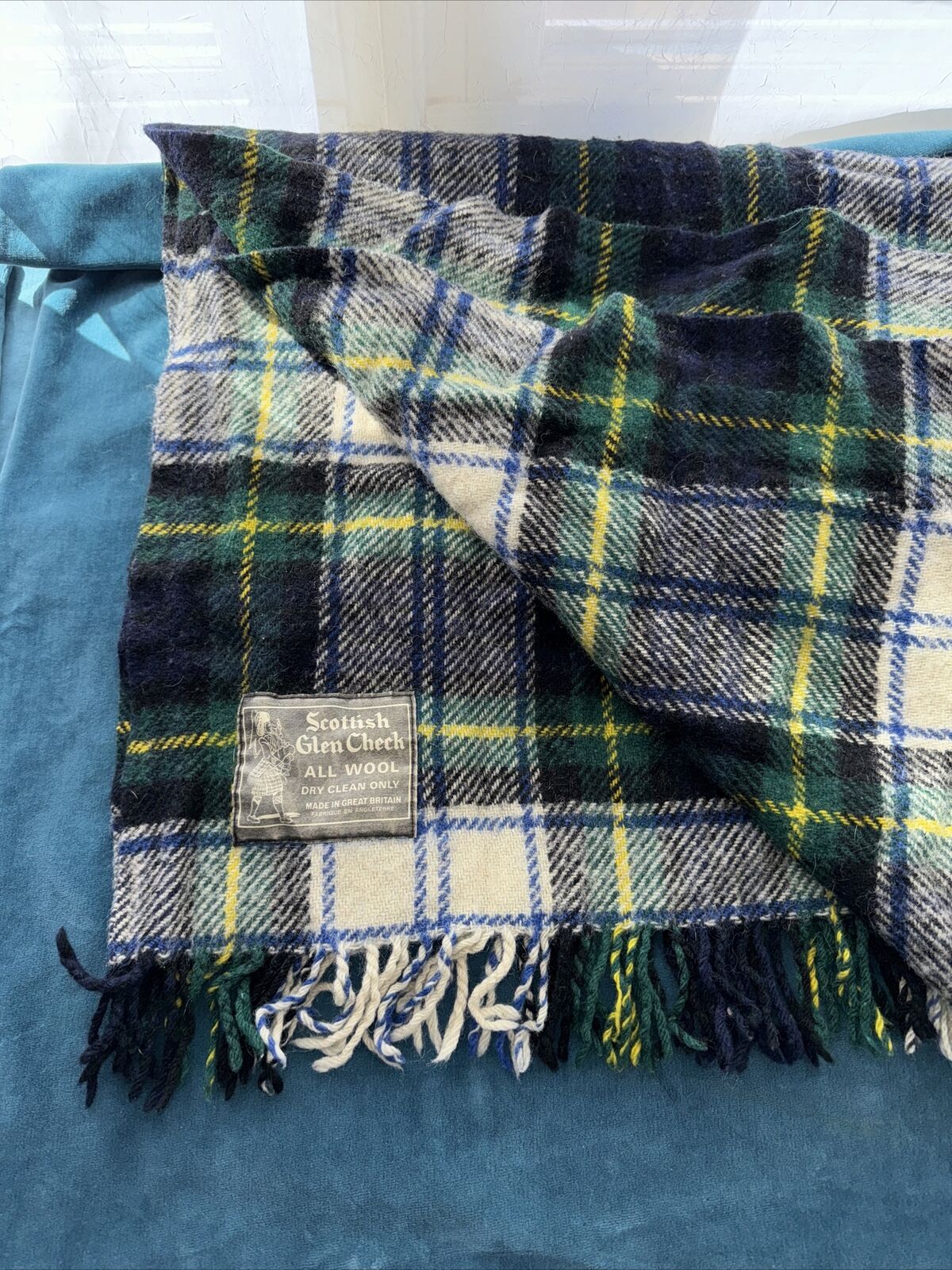 Scottish Glen Check Wool Blue/Green Plaid Throw Fringed 60”x60”