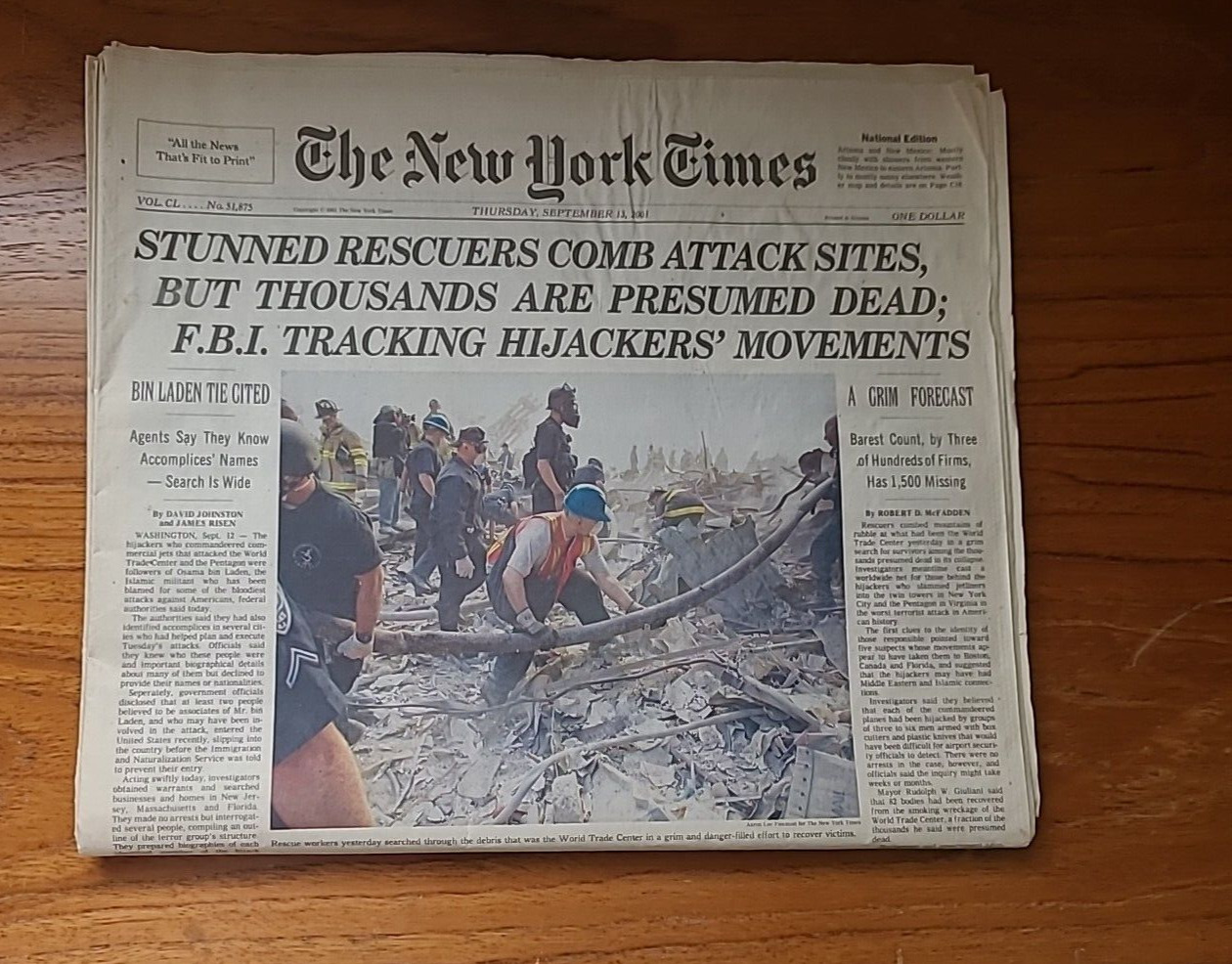 New York Times Sept 13, 2001  9/11 World Trade Center Aftermath- Complete Paper