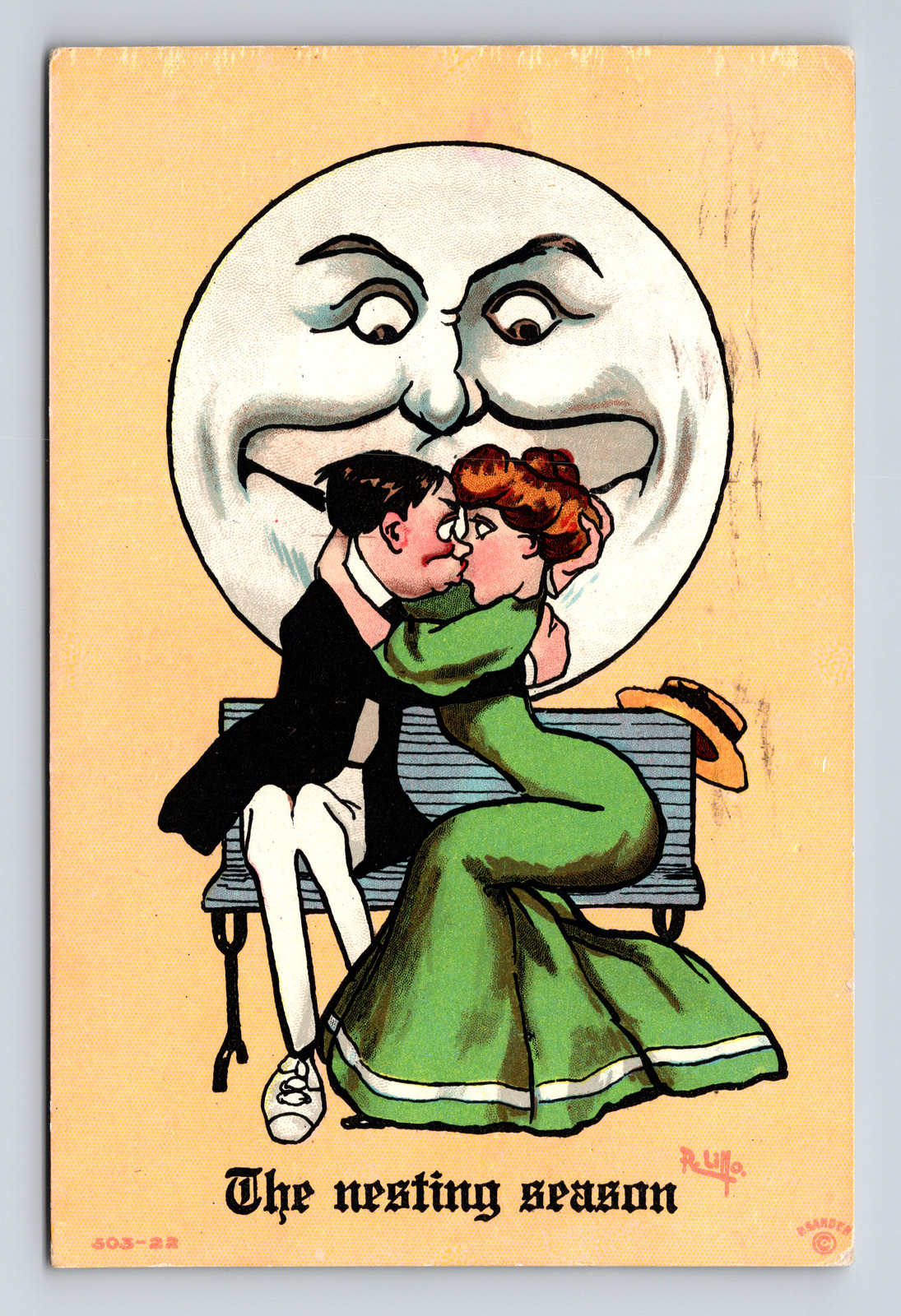 Artist R Lillo Nesting Season Moon Face Sexy Redhead Woman Kiss Curvy Postcard