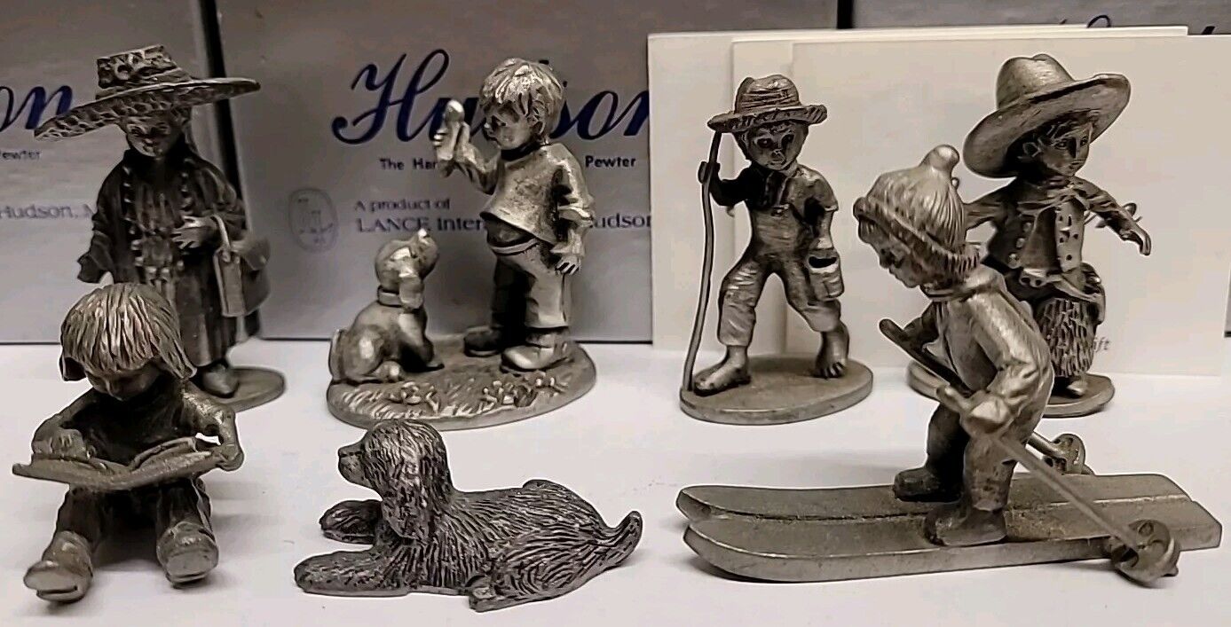 7 - Vintage Hudson Pewter Figurines ~ Children Cowboy Dog Downhill Fishing Etc