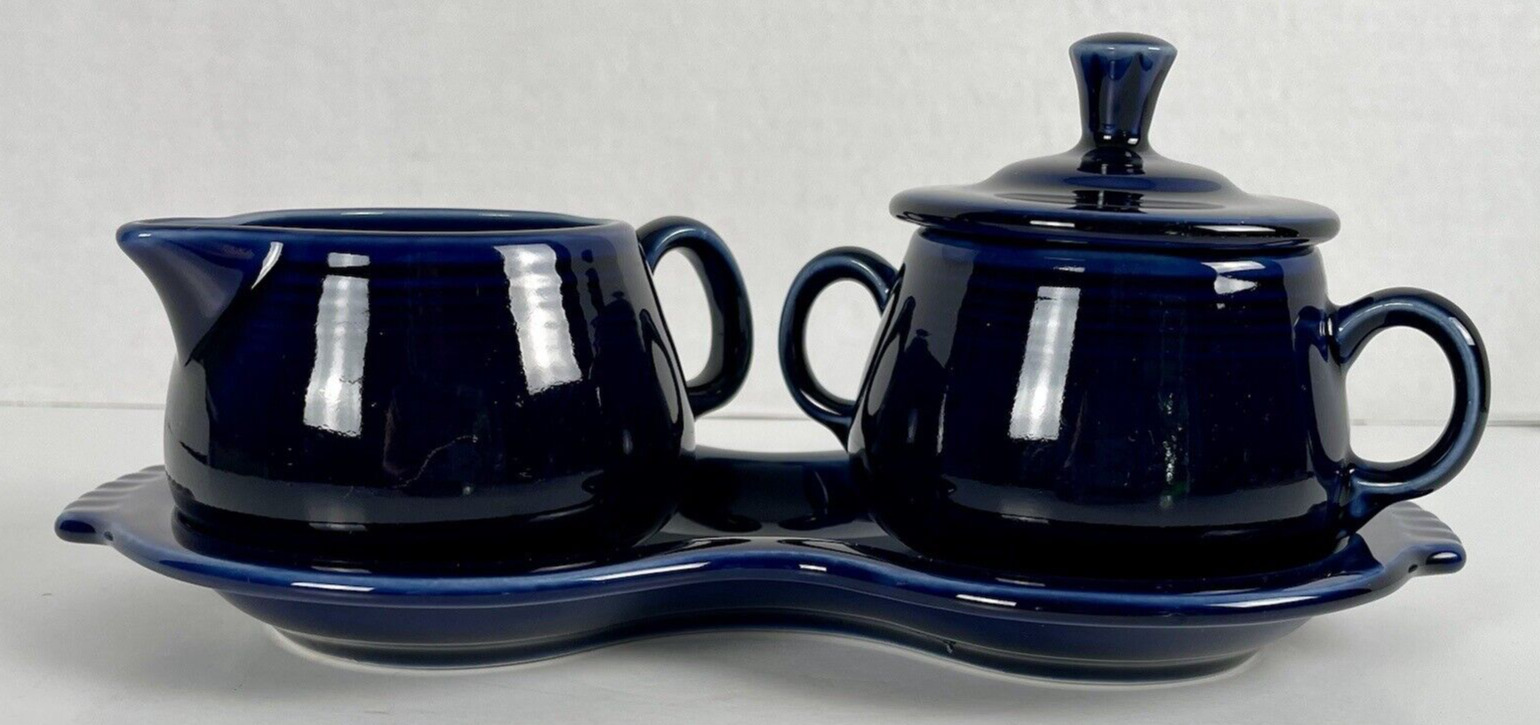 Homer Laughlin FIESTAWARE Cobalt Blue Creamer Sugar Bowl & Tray Set Made in USA