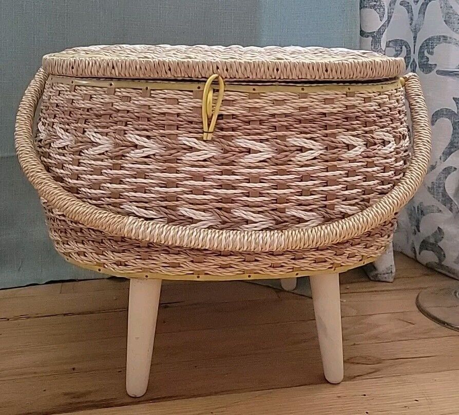 Wicker Standing Sewing kit Basket Satin Lined With Supplies