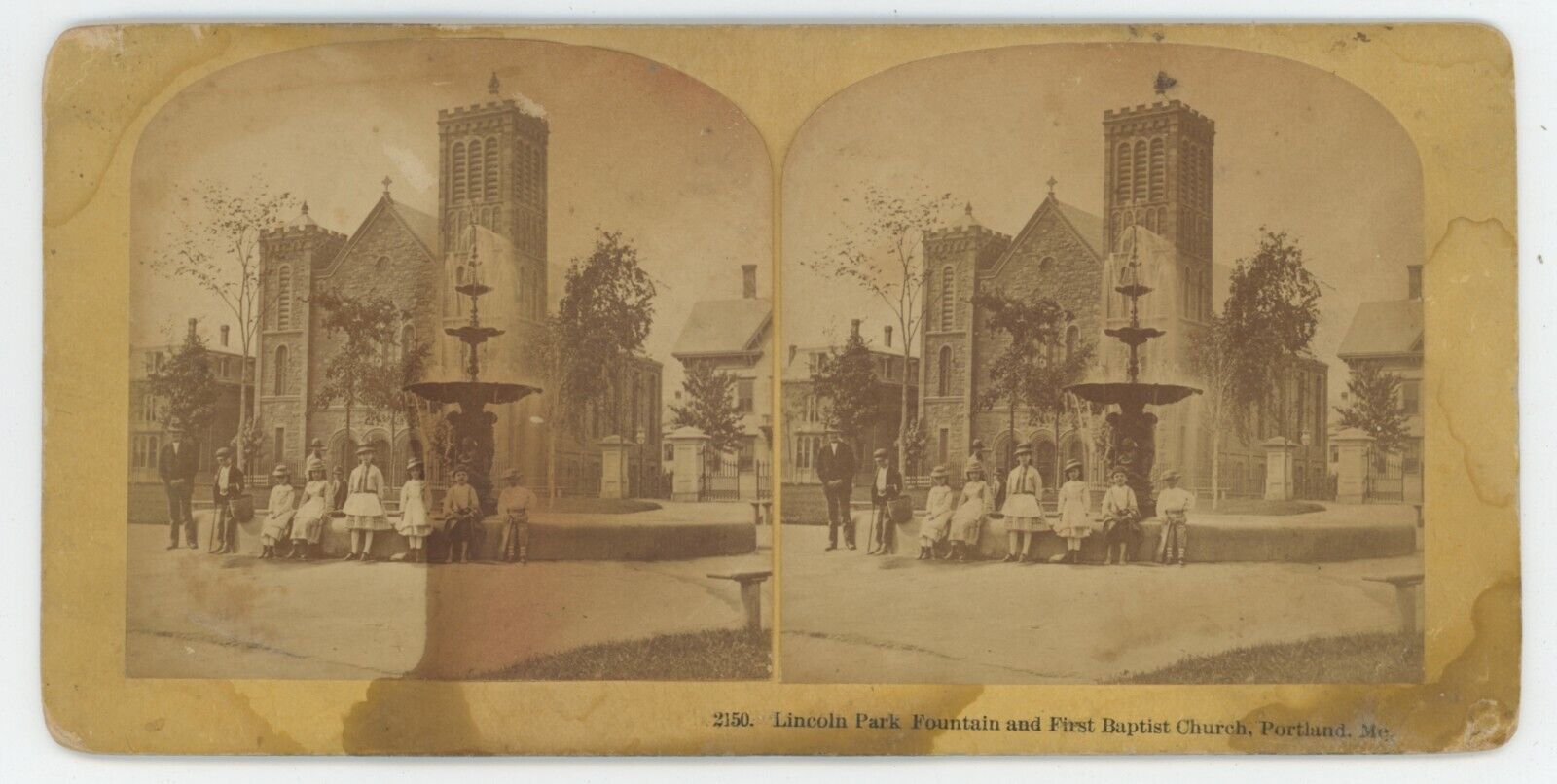 c1900's Stereoview Lincoln Park Fountain and First Baptist Church Portland, ME