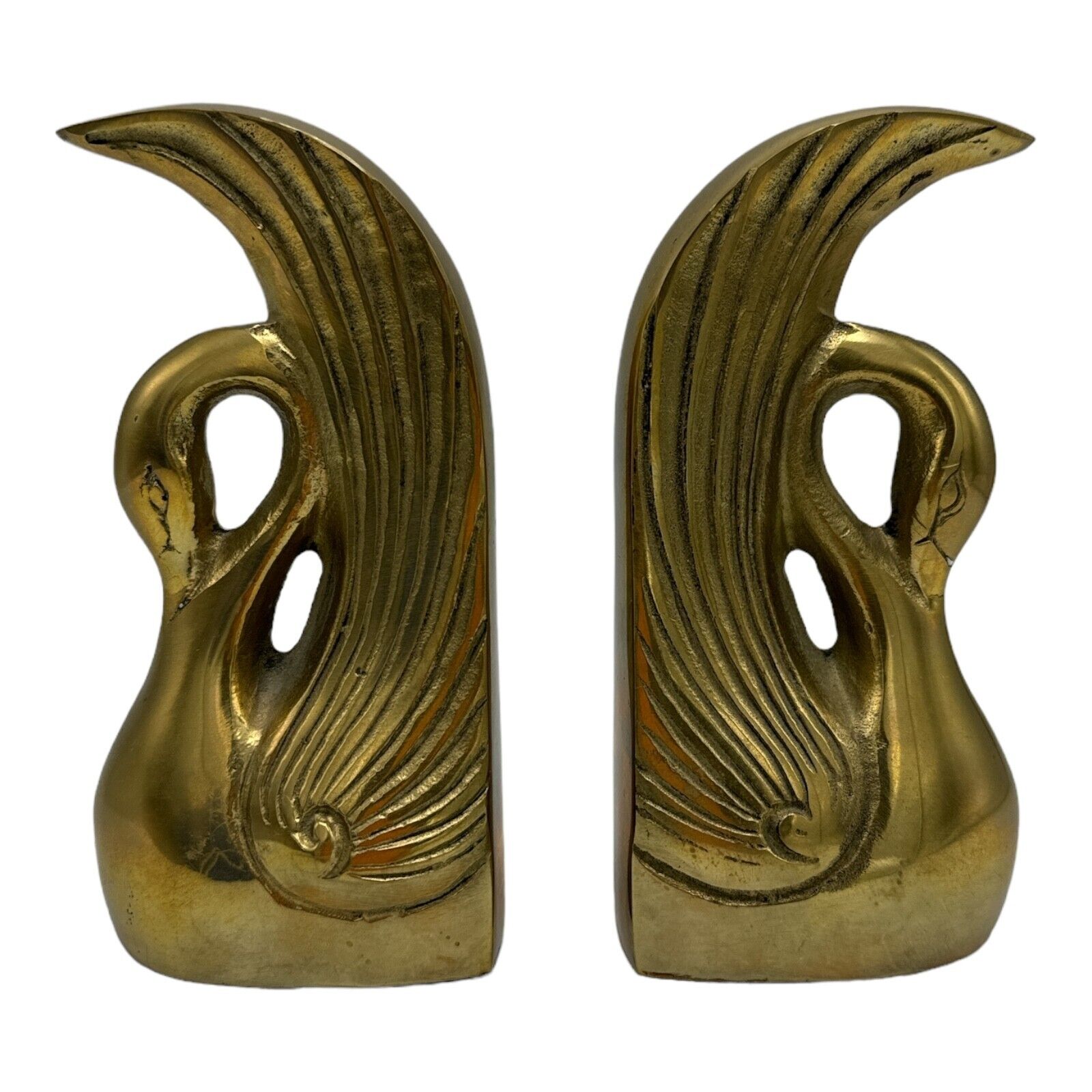 Vintage Pair Of Brass Swan Bookends KOREA Sculpted Mid Century MCM