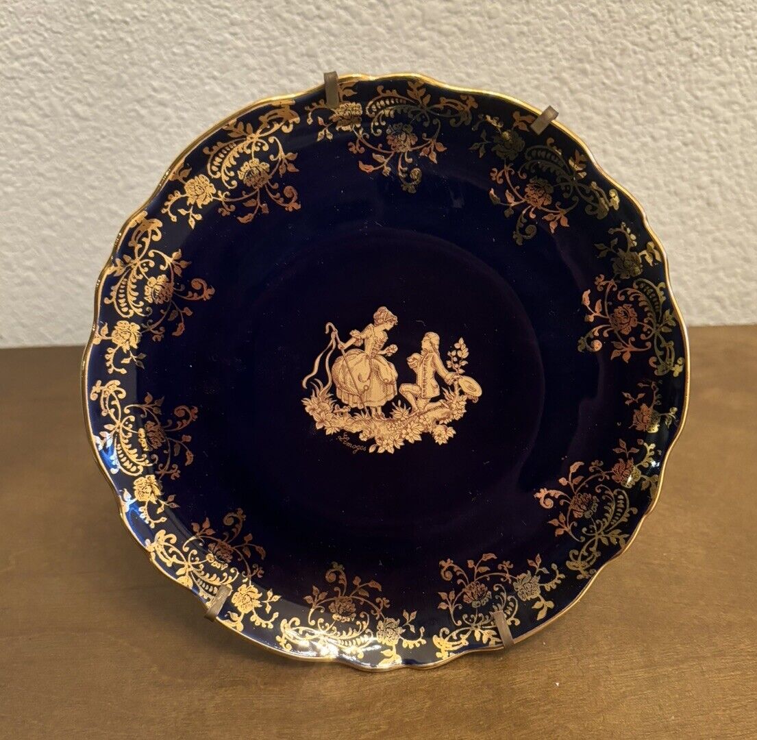 Limoges Cobalt Blue Gold Courting Couple Scene Small Dish Plate