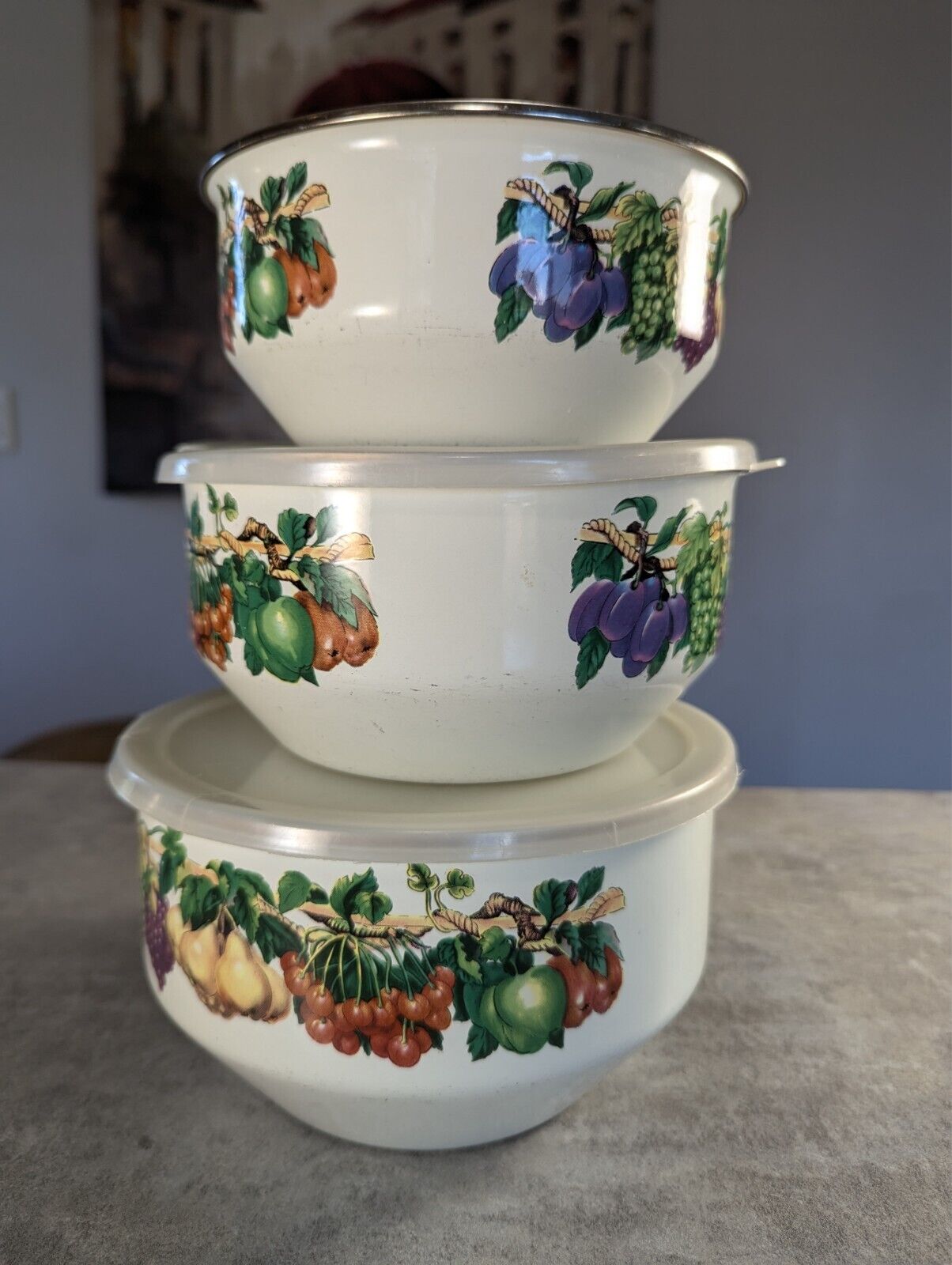 3 Vtg Tabletop Unlimited Enamelware Fruit Pattern Nesting Bowls Read  Weighted 