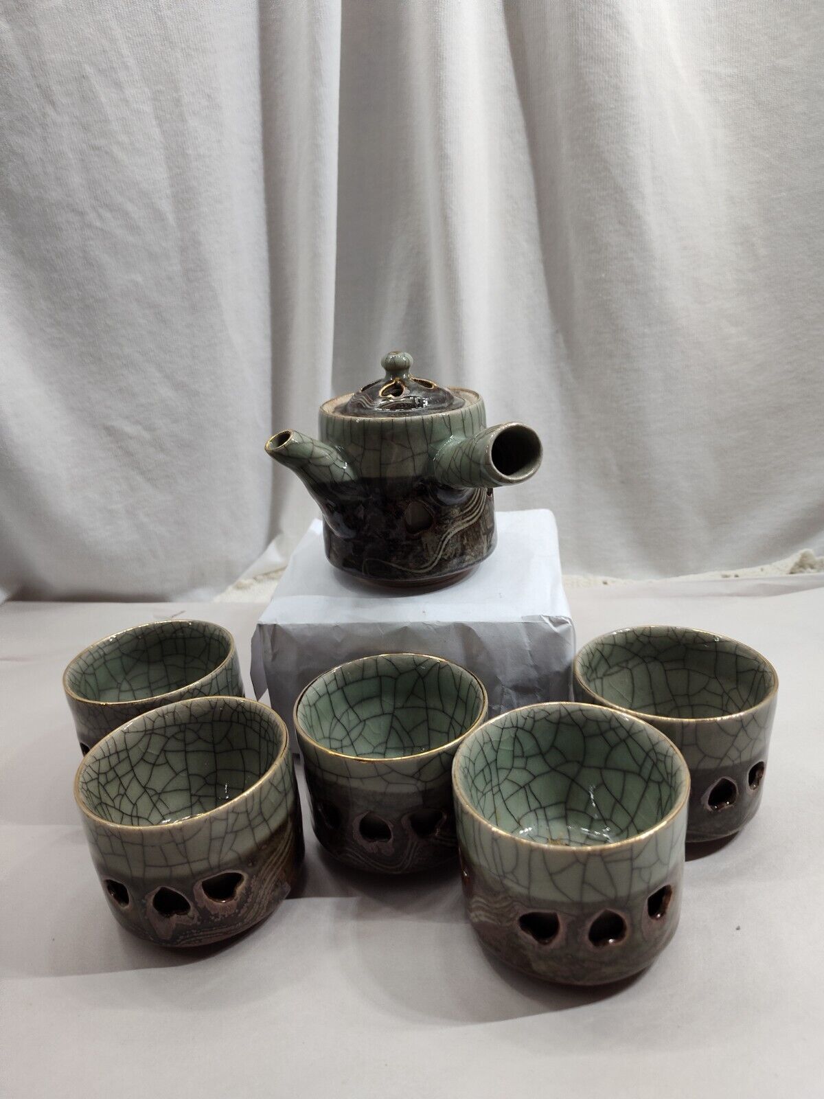 Celadon Crackle Glass With Horse Side Handle Japanese 6 Pc Tea Pot & Cups Box