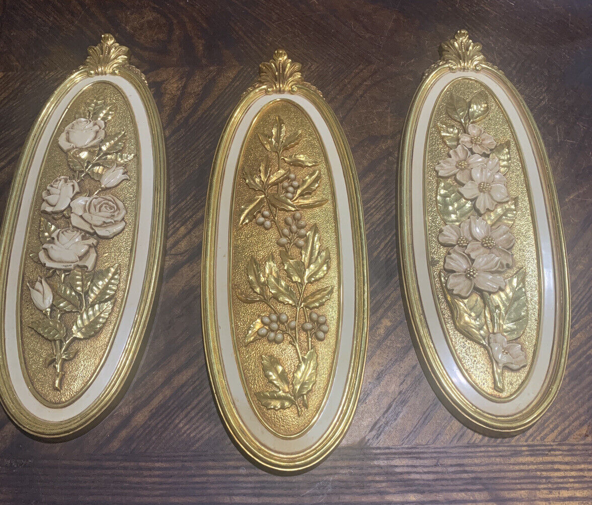 Vintage Syroco Set of  3 Floral Decorative Wall Plaques MCM